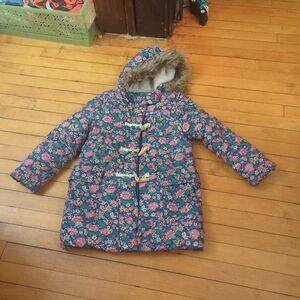 Mini Boden Fleece Lined Hooded Puffer Coat Toggle Starboard vintage floral 7-8Y